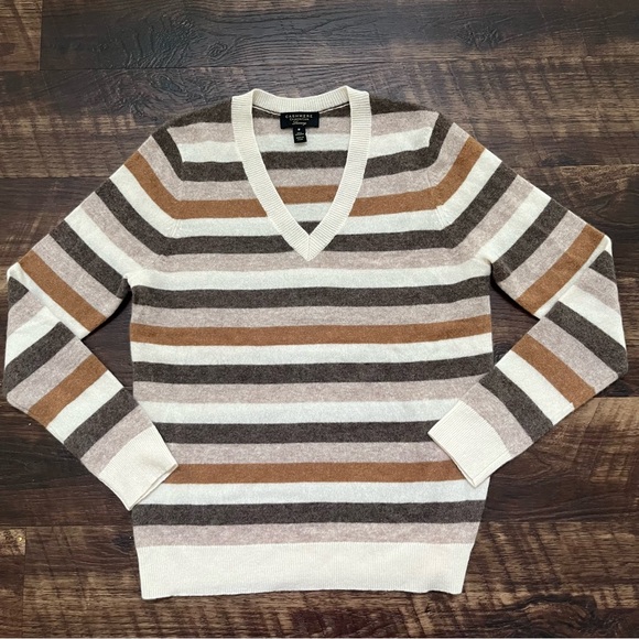 Charter Club Sweaters - Charter club cashmere luxury neutral brown striped V neck sweater medium